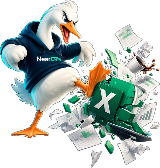 Гусь в толстовке NearCRM выбивает логотип Excel вместе с бумажными таблицами